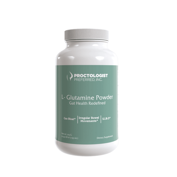 Proctologist Preferred L-Glutamine Powder supplement bottle for gut health on a transparent background.
