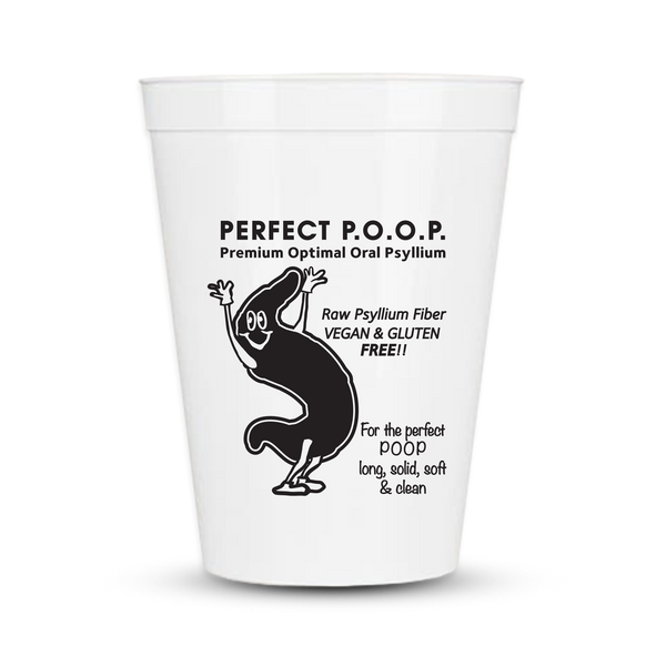 Perfect P.O.O.P. reusable shaker cup with Premium Optimal Oral Psyllium branding and mixing instructions on a transparent background.