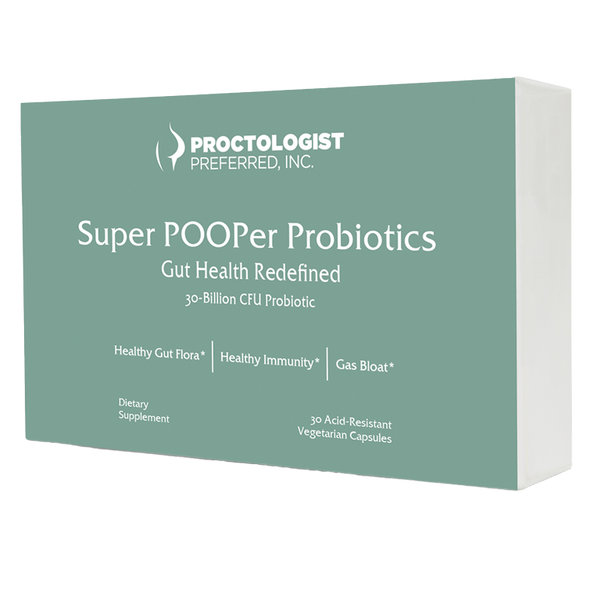 Super POOPer Probiotics gut health supplement box with 30-billion CFU probiotic