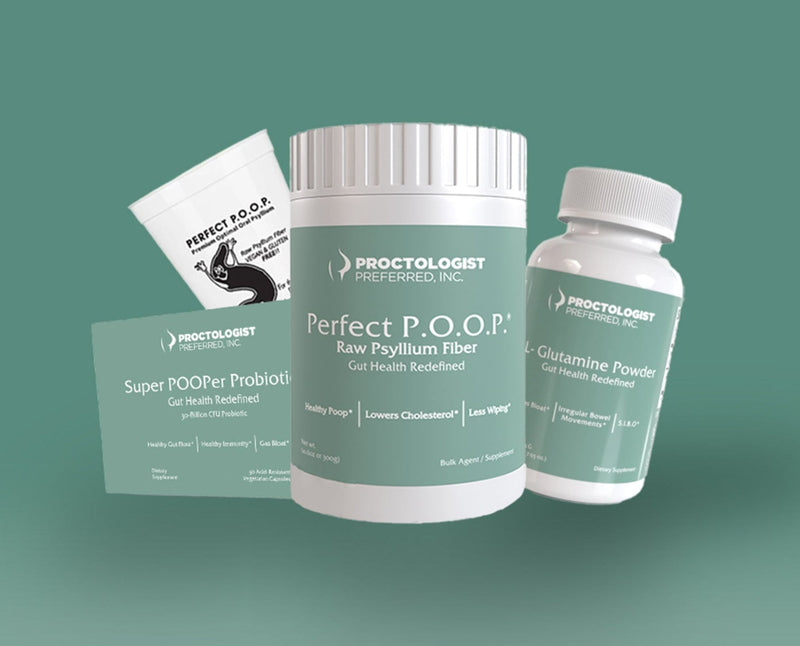 Proctologist Preferred product lineup featuring Perfect P.O.O.P® Raw Psyllium Fiber, L-Glutamine Powder, Super POOPer Probiotics and Perfect P.O.O.P® shaker cup